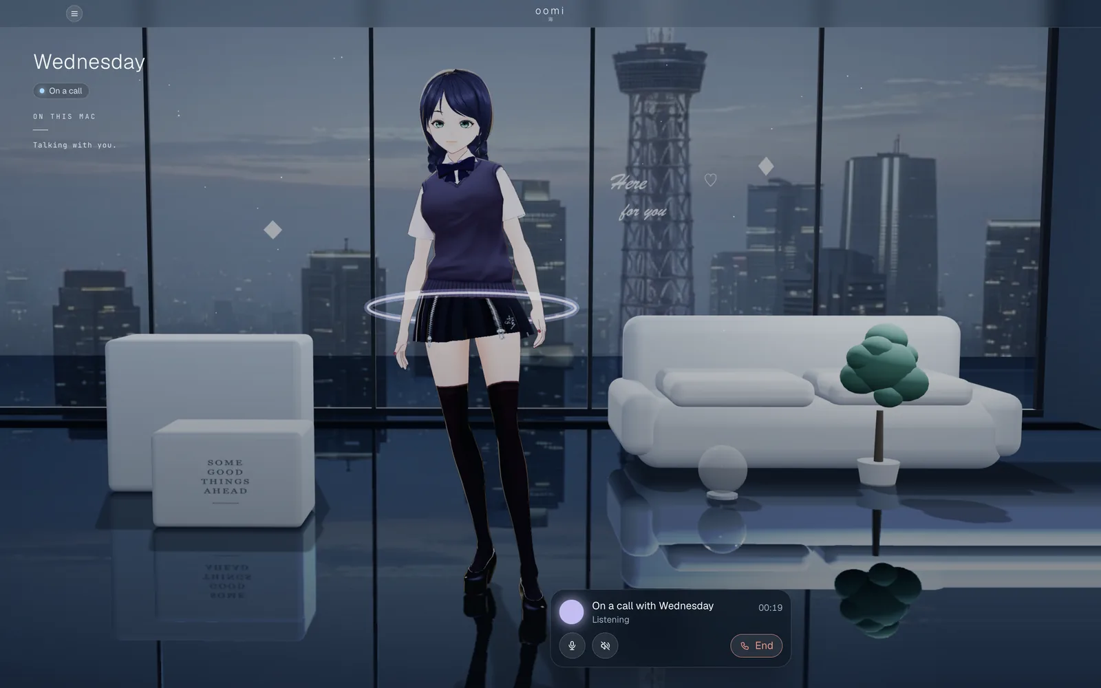 A call with Wednesday in oomi for Mac, with mute, speaker and end call controls.
